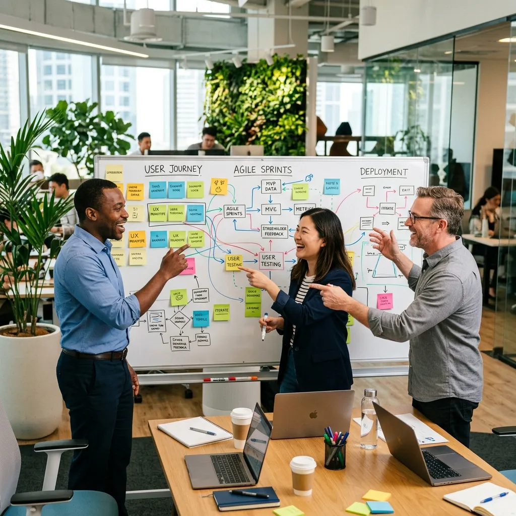Diverse team brainstorming around a whiteboard with sticky notes