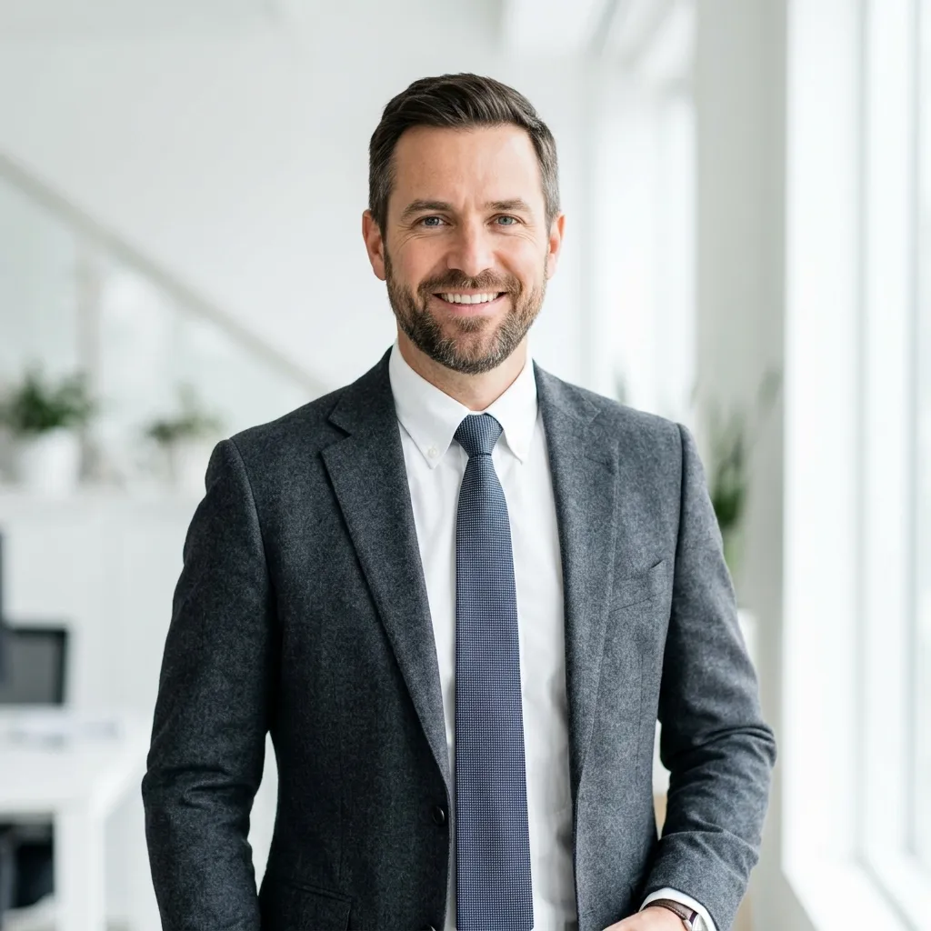 Professional executive smiling while working on a laptop