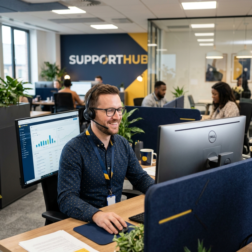 Friendly male customer support professional with glasses and a headset smiling at his monitor