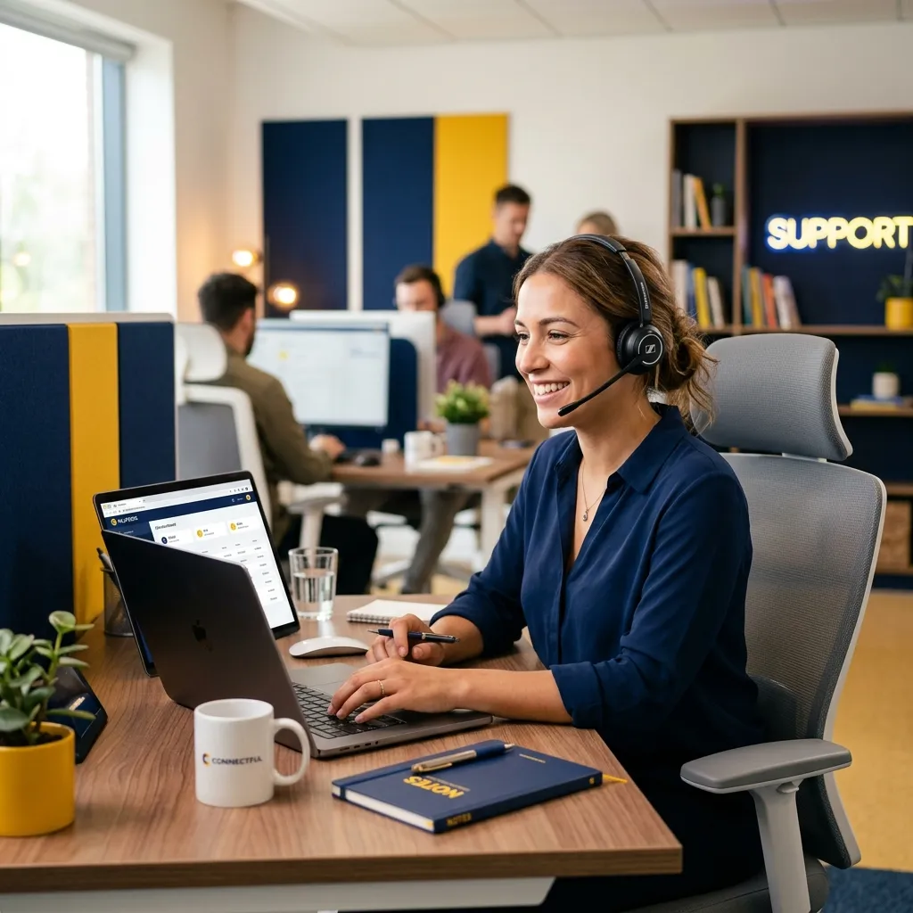 Friendly female customer support professional wearing a headset at a modern desk