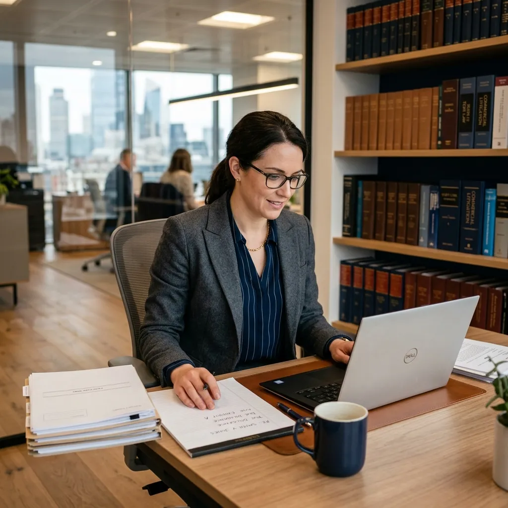 Attorney reviewing case files with virtual assistant support