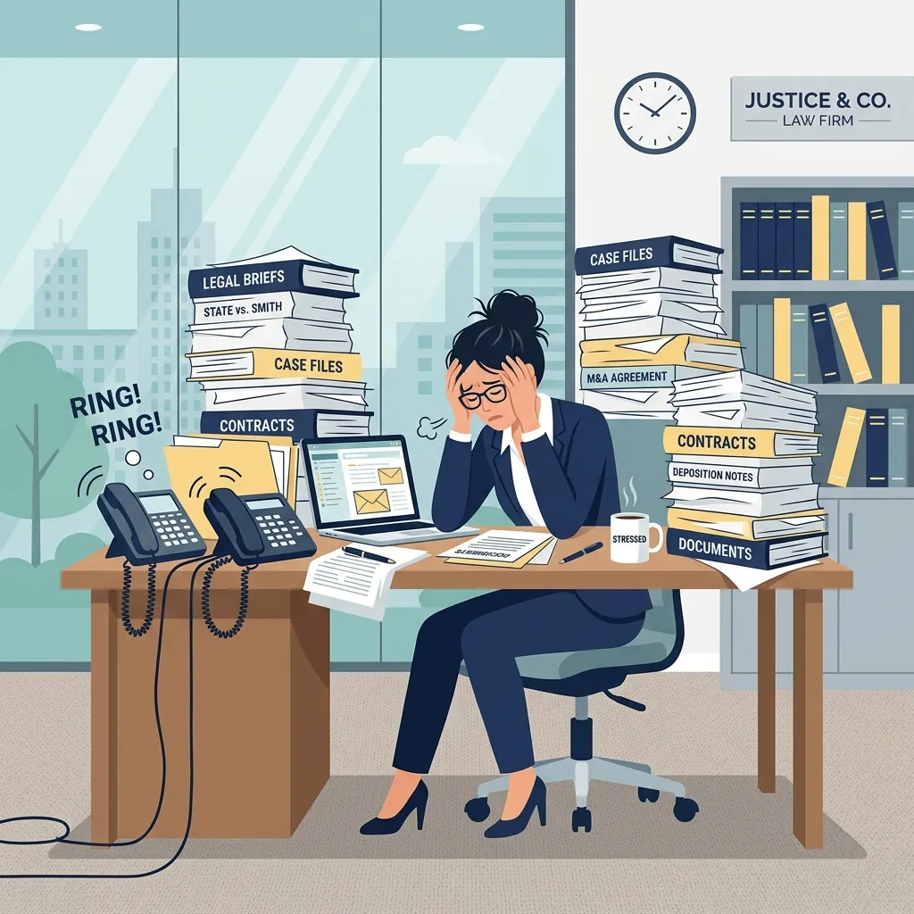 Attorney overwhelmed by administrative tasks and cluttered desk