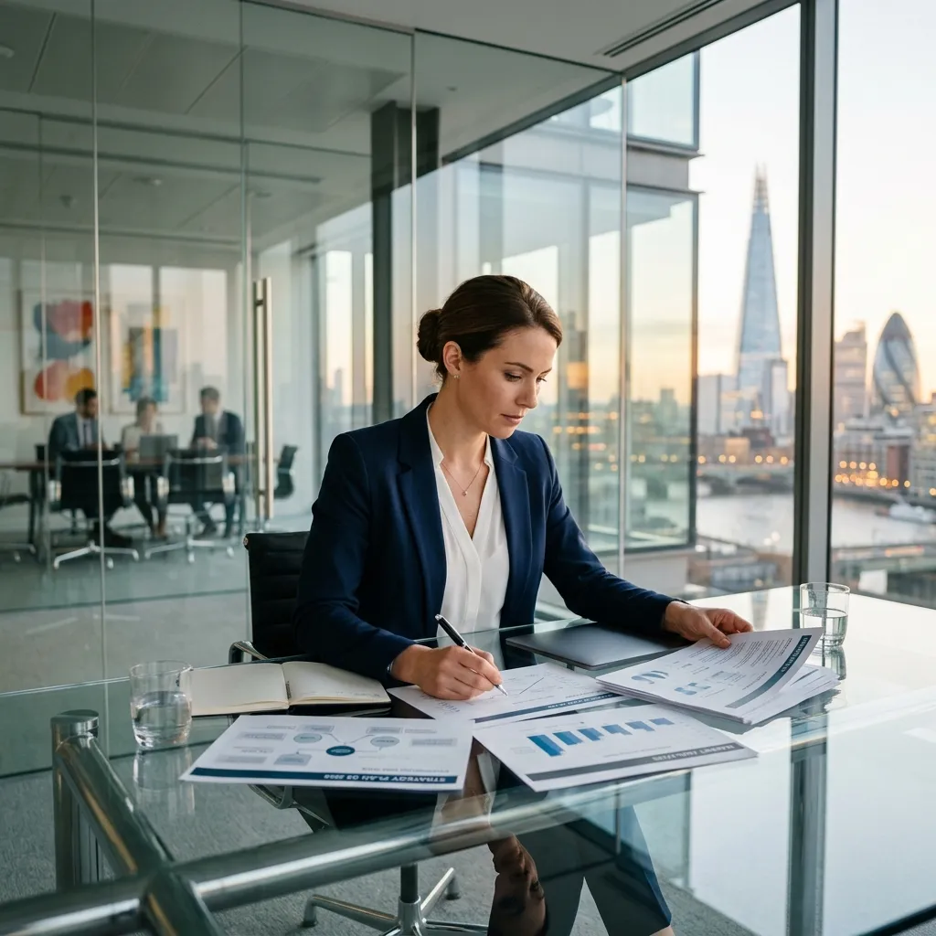Businesswoman reviewing strategy documents at a conference table