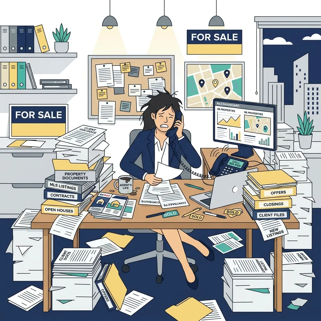 Stressed real estate agent drowning in MLS listings and paperwork