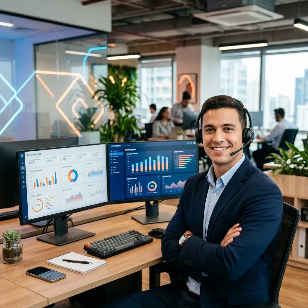 Confident professional with headset at analytics workstation