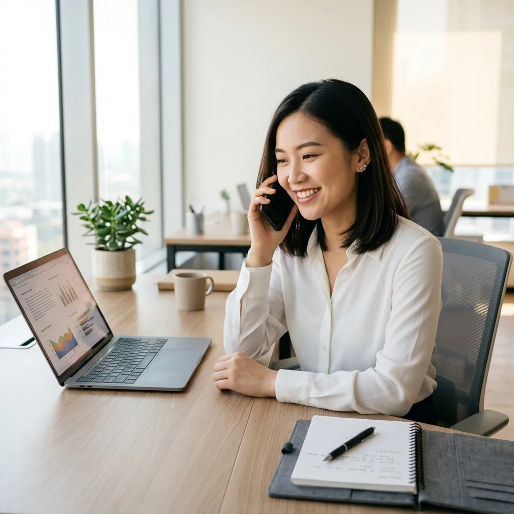 Female professional talking on the phone at her desk